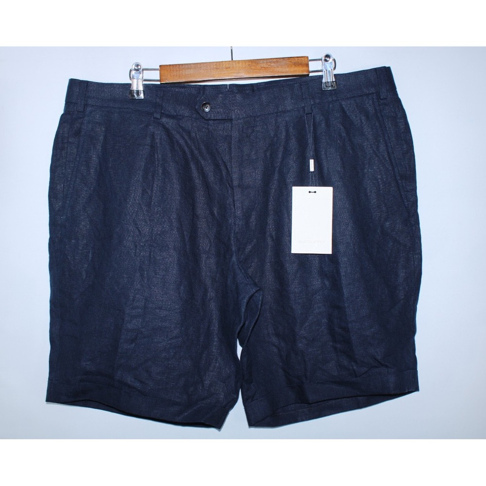 NWT Suitsupply Men's Size IT 40/38 Waist Navy Blue Linen Bennington Pleat Shorts